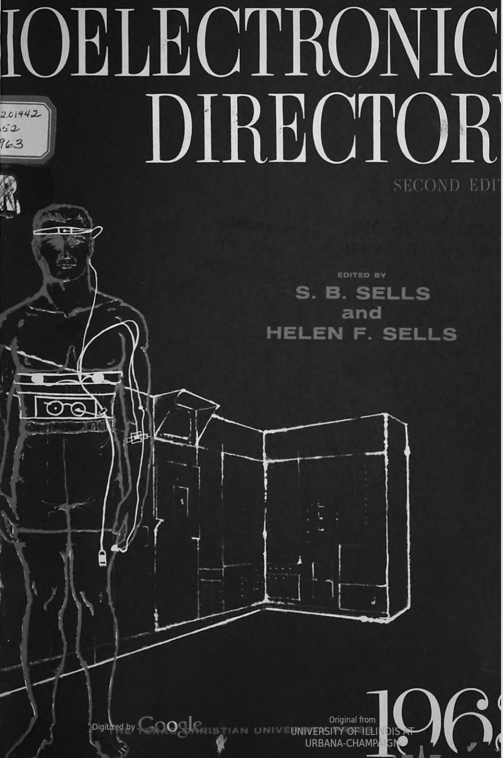 Bioelectronics Directory 1963 cover image showing line drawing of a figure with electrodes on his head and chest, standing in front of an old-fashioned computer